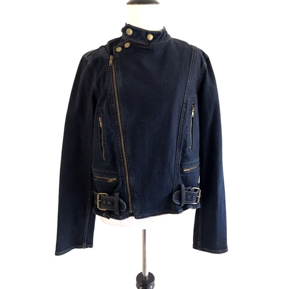 Lauren Ralph Lauren | Asymmetrical Denim Moto Jacket Womens L Buckle Full Zip - Picture 4 of 10